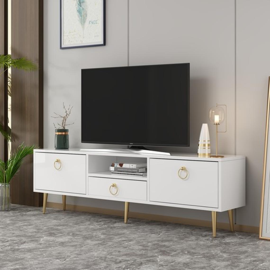 Cantek Dizayn Droop Tv Ünitesi 2 Kapaklı, Raflı ve Çekmeceli Beyaz-Beyaz