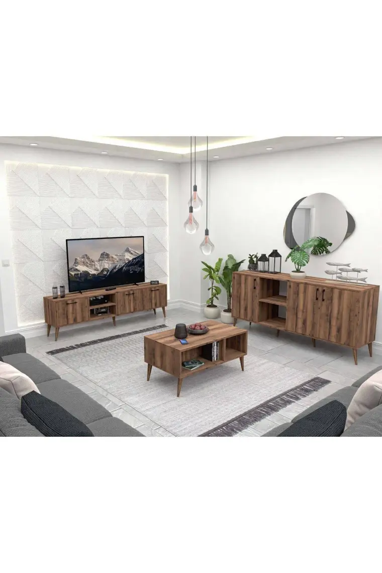 Mezza Set 1583-2072-1622 Exxen (Ahşap Ayaklı) Tv Ünitesi - Orta Sehpa - Konsol Seti Hat Rengi