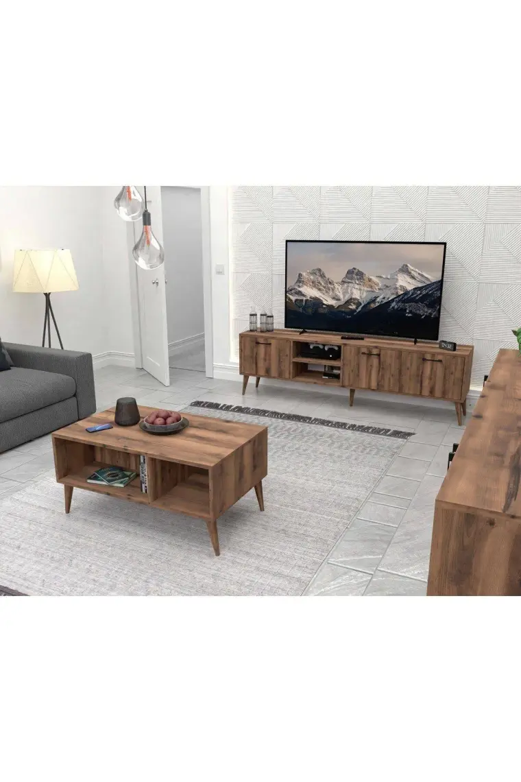 Mezza Set 1583-2072-1622 Exxen (Ahşap Ayaklı) Tv Ünitesi - Orta Sehpa - Konsol Seti Hat Rengi