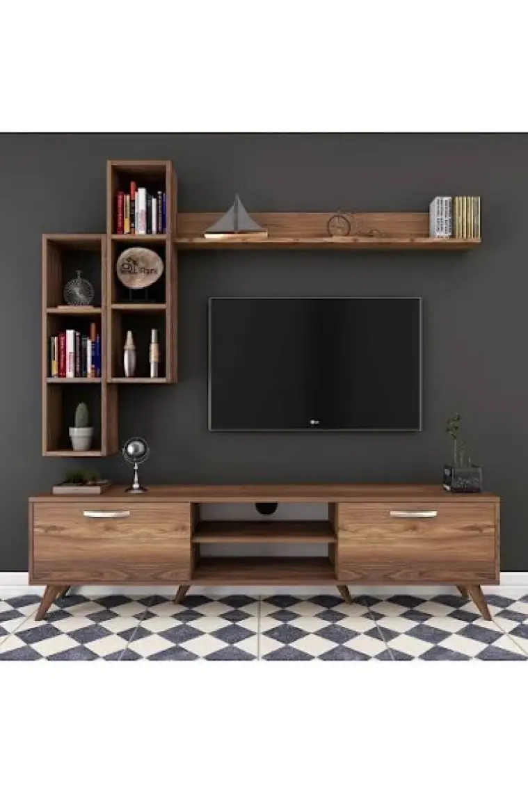 Rani A9 Duvar Raflı Tv Ünitesi Kitaplıklı Tv Sehpası Duvara Monte Raflı Modern Ayaklı 180 cm Minyatür Ceviz M16