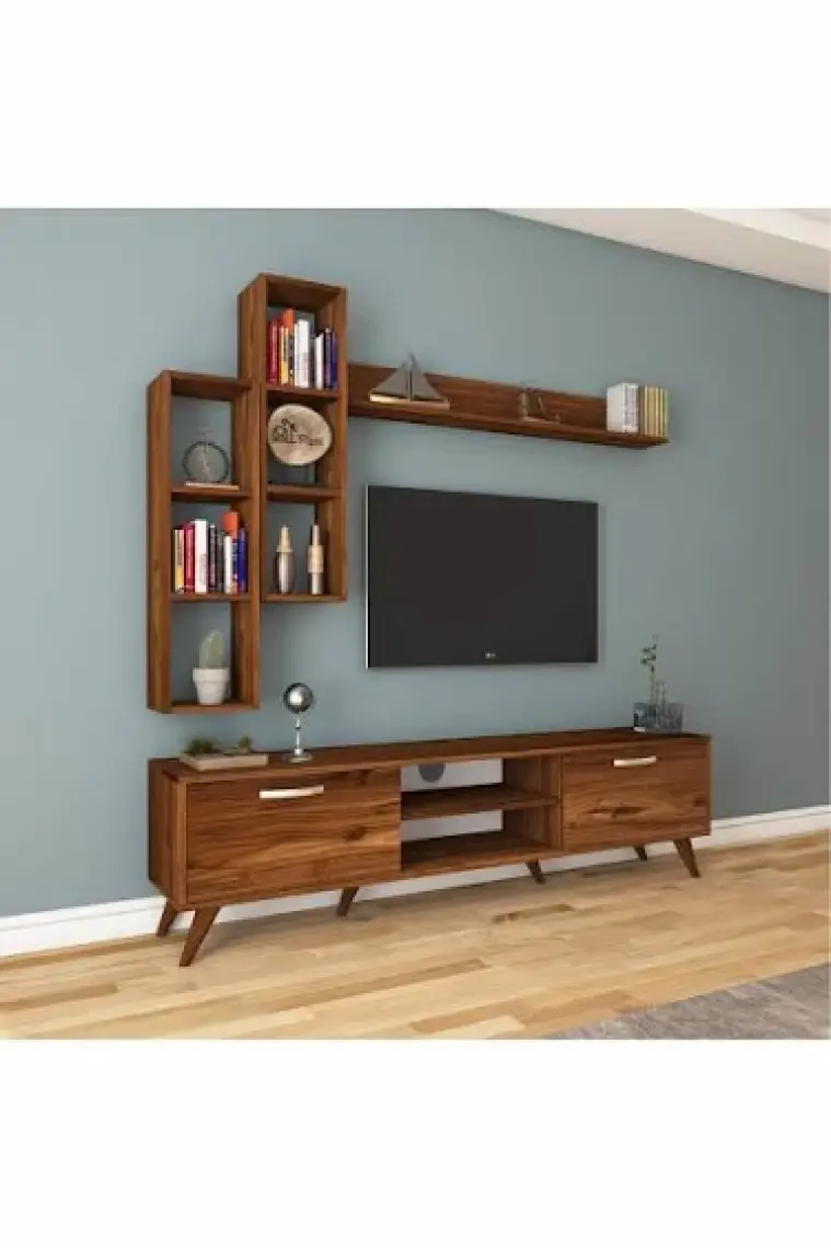 Rani A9 Duvar Raflı Tv Ünitesi Kitaplıklı Tv Sehpası Duvara Monte Raflı Modern Ayaklı 180 cm Minyatür Ceviz M16