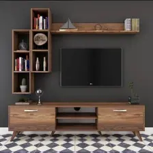 Rani A9 Duvar Raflı Tv Ünitesi Kitaplıklı Tv Sehpası Duvara Monte Raflı Modern Ayaklı 180 cm Minyatür Ceviz M16