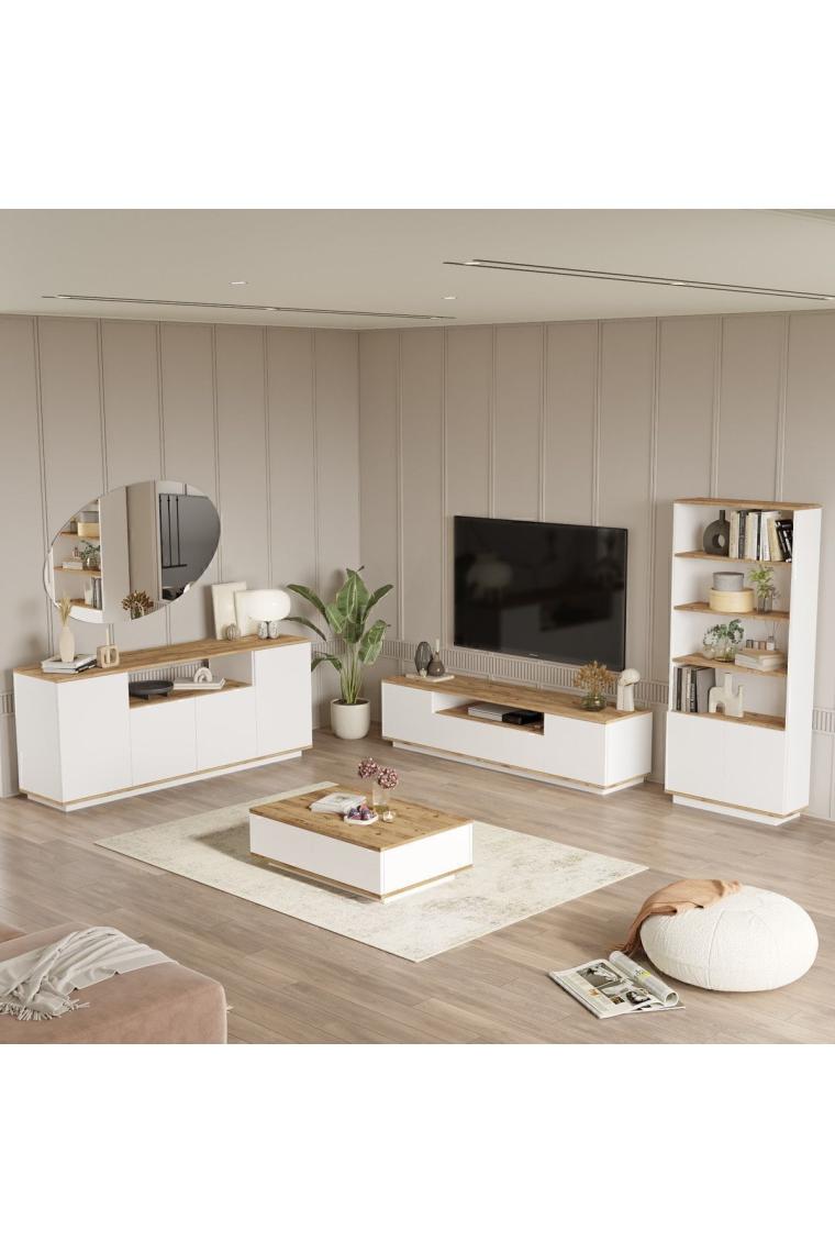 Yurudesign Future Tv Ünitesi Orta Sehpa Konsol Kitaplık 4'lü Set Çam-Beyaz FR19-AW