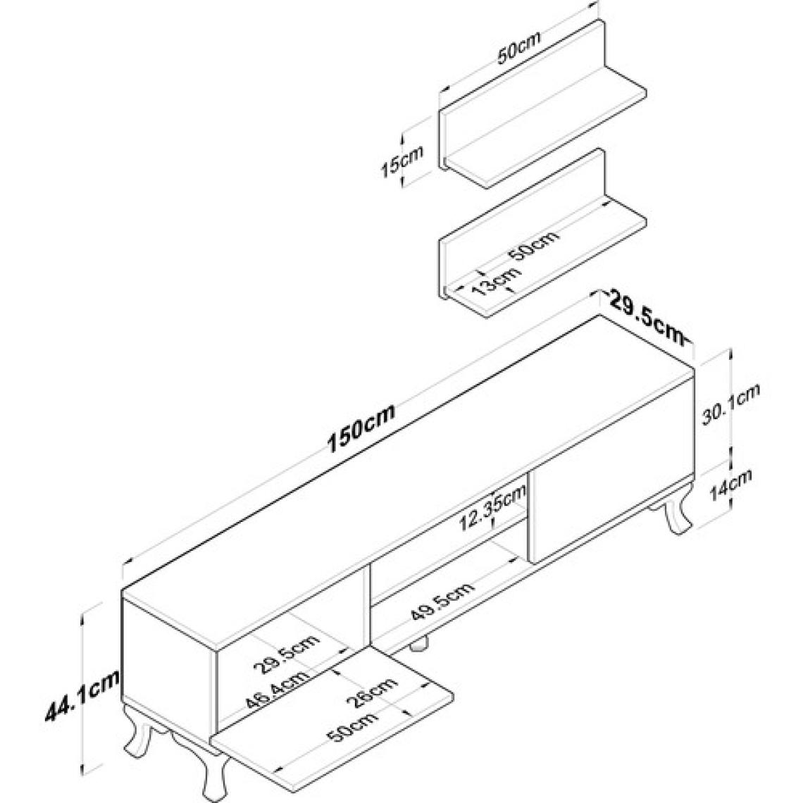 Rani A4 Duvar Raflı Tv Sehpası Kitaplıklı Tv Ünitesi Modern Ayaklı Tasarım 150 cm Minyatür Ceviz - Beyaz Ayak