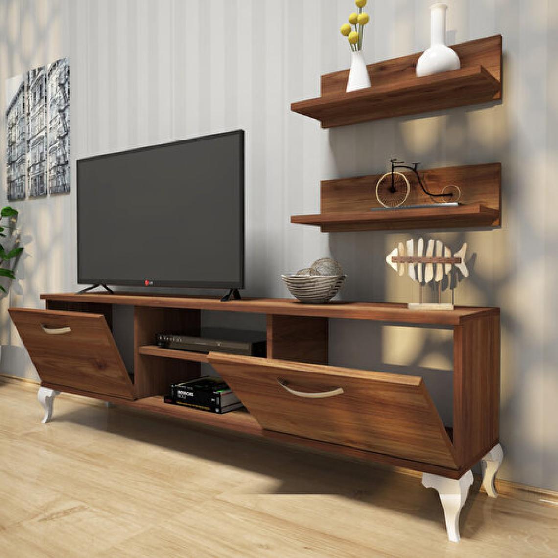 Rani A4 Duvar Raflı Tv Sehpası Kitaplıklı Tv Ünitesi Modern Ayaklı Tasarım 150 cm Minyatür Ceviz - Beyaz Ayak