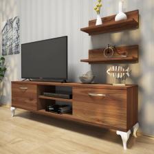 Rani A4 Duvar Raflı Tv Sehpası Kitaplıklı Tv Ünitesi Modern Ayaklı Tasarım 150 cm Minyatür Ceviz - Beyaz Ayak
