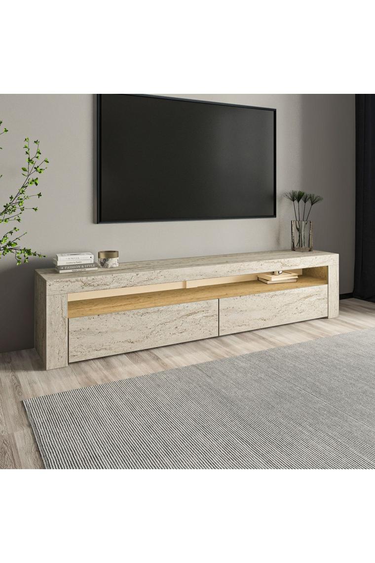 İnarch Dizayn Batı LED Işıklı 2 Kapaklı Tv Ünitesi Tv Sehpası Traverten