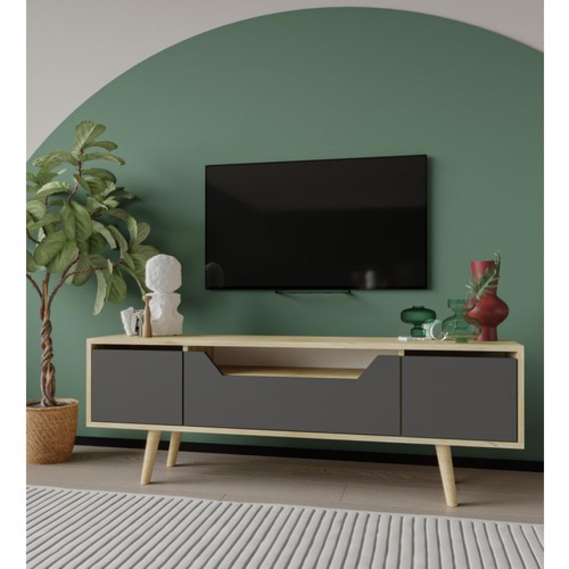 VM VERTEX MOBİLYA Roma Ahşap Ayaklı Tv Ünitesi Tv Sehpası Safir Meşe - Antrasit 150 cm