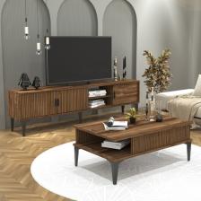 Cool Home Marin Tv Ünitesi 180 cm - Orta Sehpa Seti  Çizgi Desenli , Raflı , Ceviz (Sandık)
