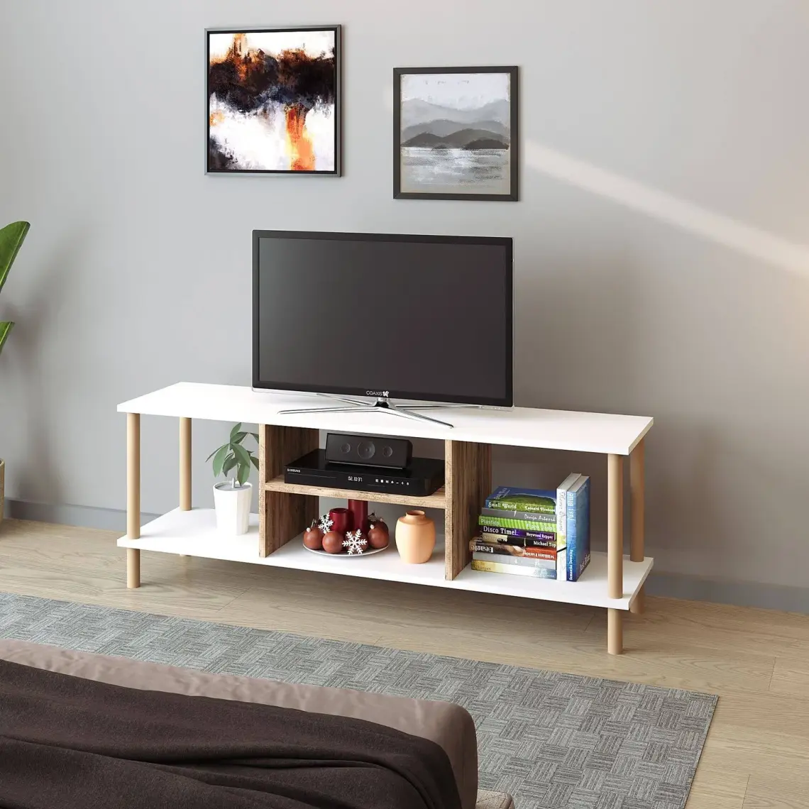 İntergo Tv Sehpası Raflı Tv Ünitesi Televizyon Sehpası Ahşap Ayaklı Beyaz Gövde - Çam Raflı