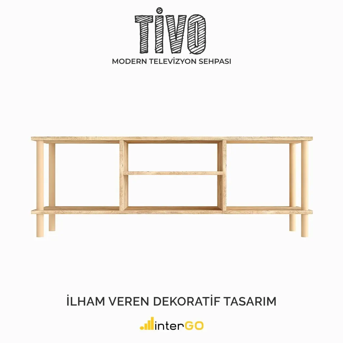 İntergo Tv Sehpası Raflı Tv Ünitesi Televizyon Sehpası Ahşap Ayaklı Beyaz Gövde - Çam Raflı