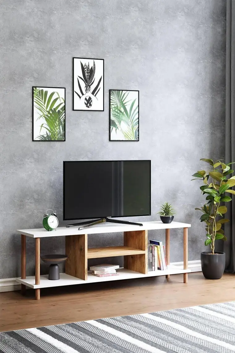 İntergo Tv Sehpası Raflı Tv Ünitesi Televizyon Sehpası Ahşap Ayaklı Beyaz Gövde - Çam Raflı