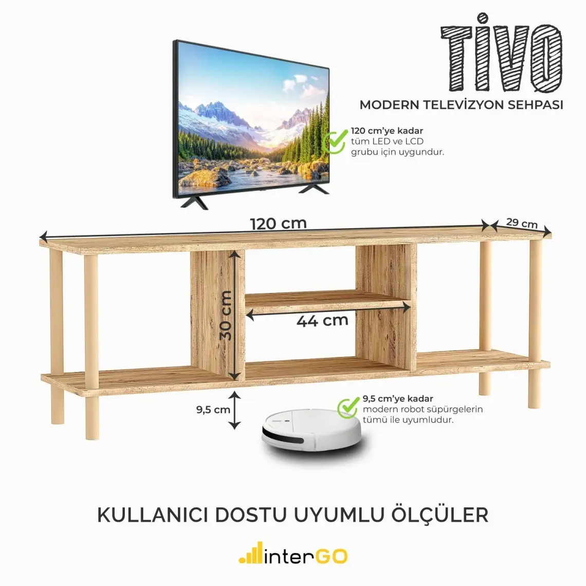 İntergo Tv Sehpası Raflı Tv Ünitesi Televizyon Sehpası Ahşap Ayaklı Beyaz Gövde - Çam Raflı