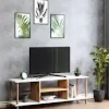 İntergo Tv Sehpası Raflı Tv Ünitesi Televizyon Sehpası Ahşap Ayaklı Beyaz Gövde - Çam Raflı