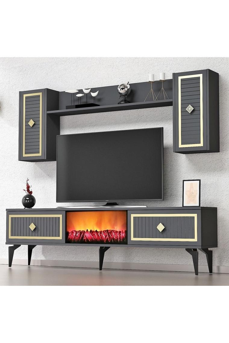Cantek Dizayn Flame Şömineli Tv Ünitesi Takımı Antrasit-Altın