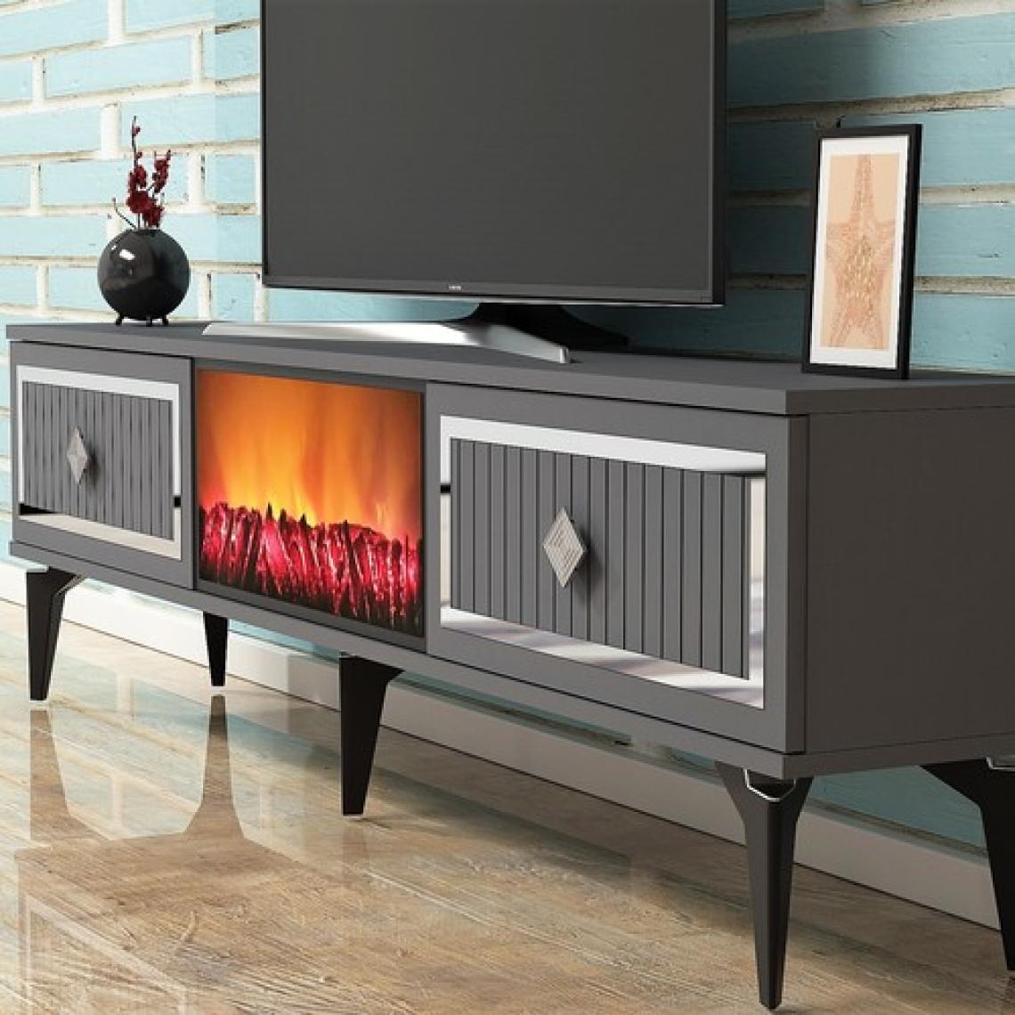 Cantek Dizayn Flame Şömineli Tv Sehpası-Ünitesi Antrasit-Gümüş