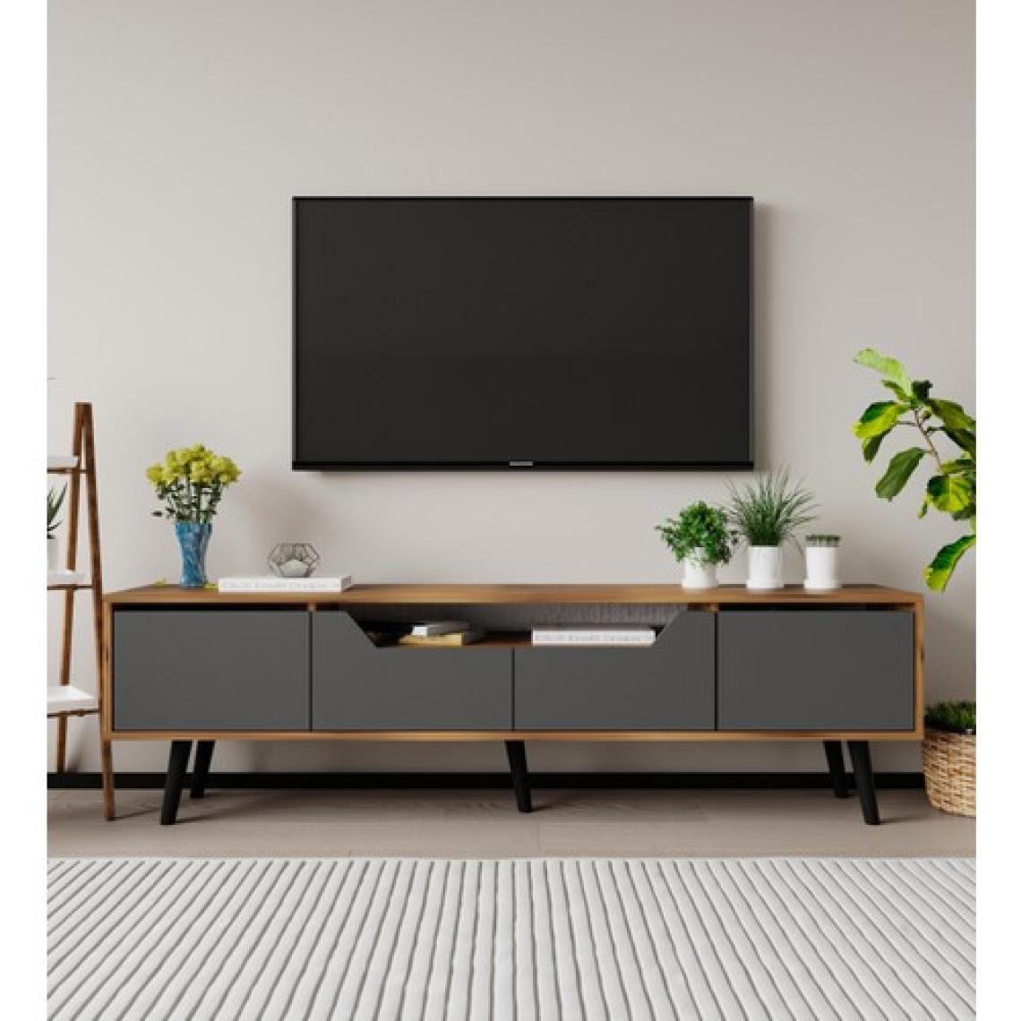 VM VERTEX MOBİLYA Roma Ahşap Ayaklı Tv Ünitesi Tv Sehpası Ceviz-Antrasit