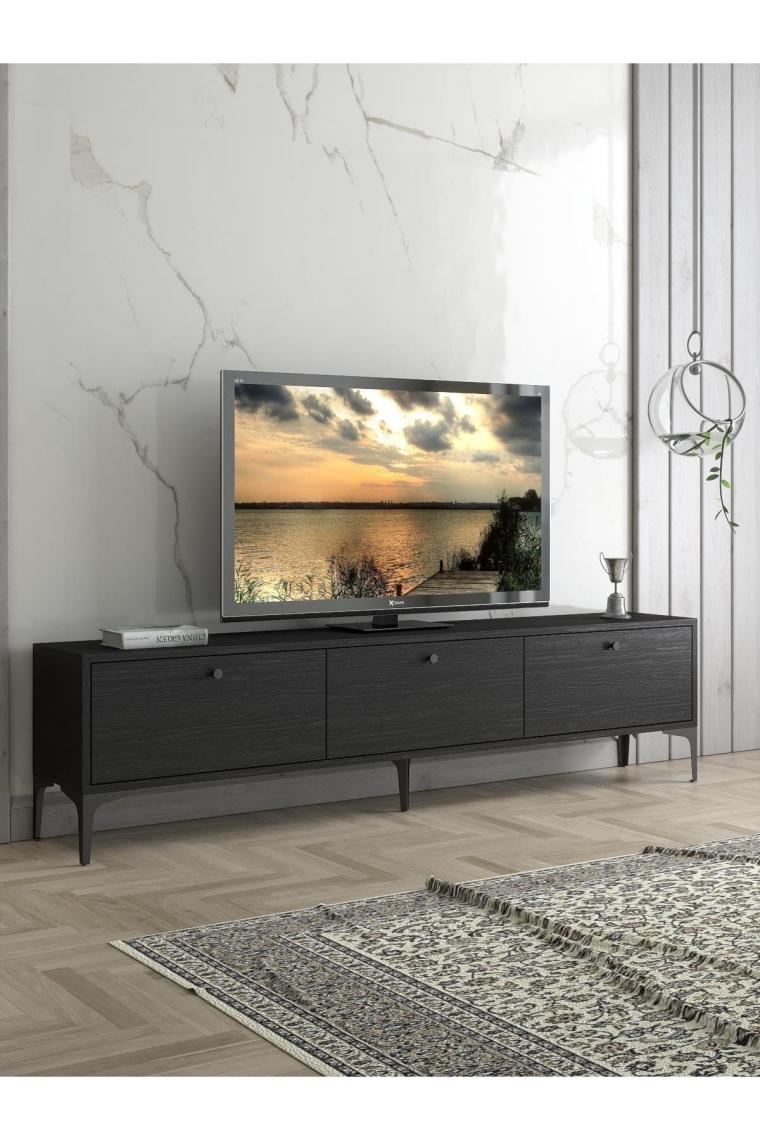 Wood'n Love Etna Premium Metal Ayaklı Dolaplı 180 cm Tv Ünitesi - Siyah / Siyah