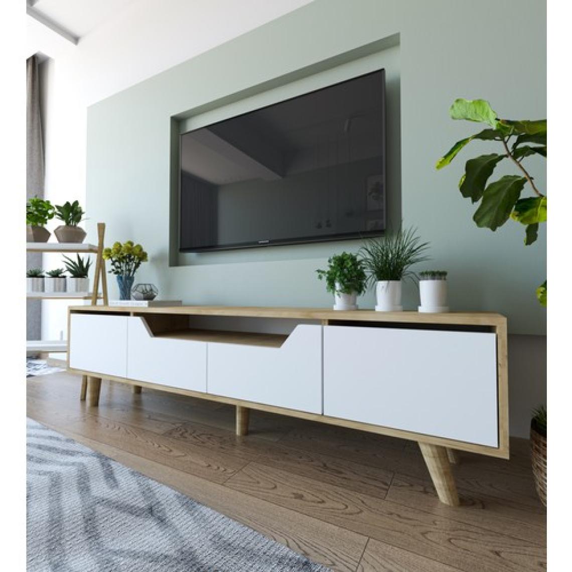 VM VERTEX MOBİLYA Roma Ahşap Ayaklı Tv Ünitesi Tv Sehpası Safir Meşe - Beyaz