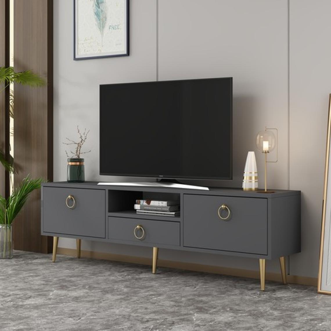 Cantek Dizayn Droop Tv Ünitesi 2 Kapaklı, Raflı ve Çekmeceli Antrasit-Altın