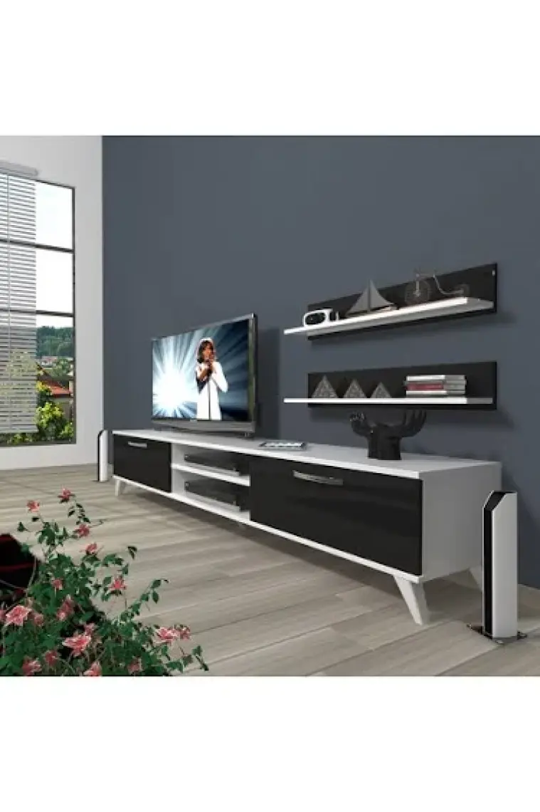 Decoraktiv Eko 4 Mdf Dvd Retro Tv Ünitesi Tv Sehpası Beyaz Siyah