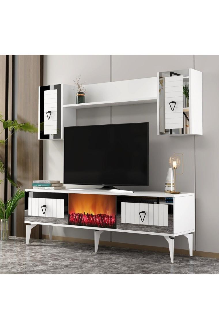Cantek Dizayn Linda Şömineli Tv Ünitesi Takımı Beyaz-Gümüş