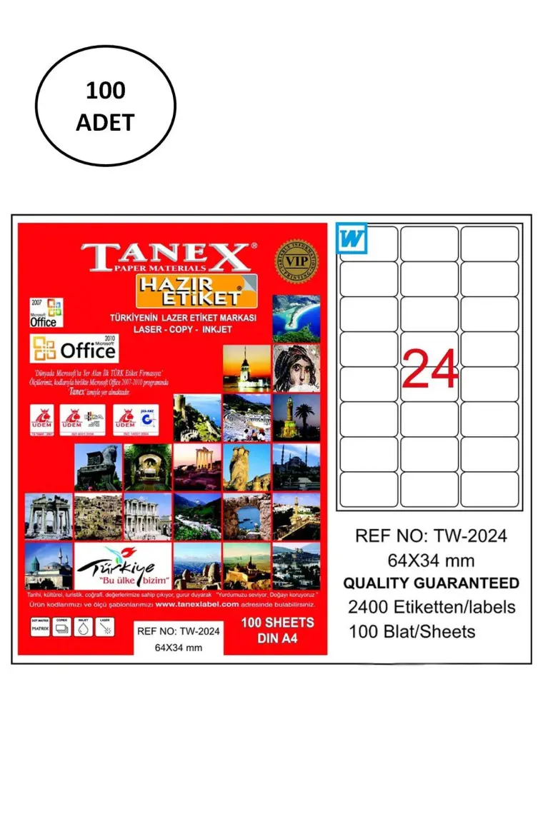 Tanex TW-2024 64x34 mm Laser Etiket 100 Ad.