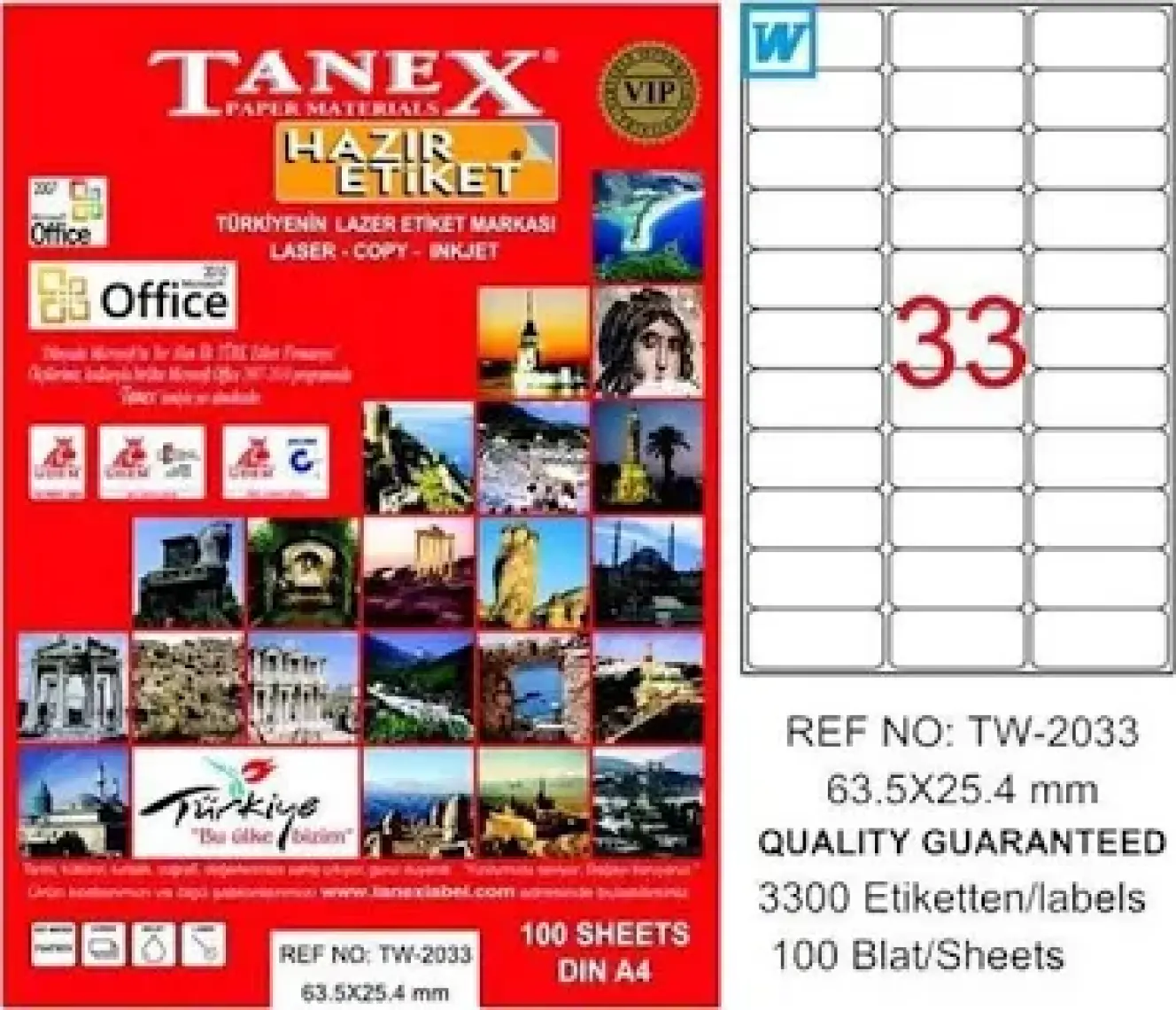 Tanex TW-2033 63,5x25,4 mm Laser Etiket 100 Ad.