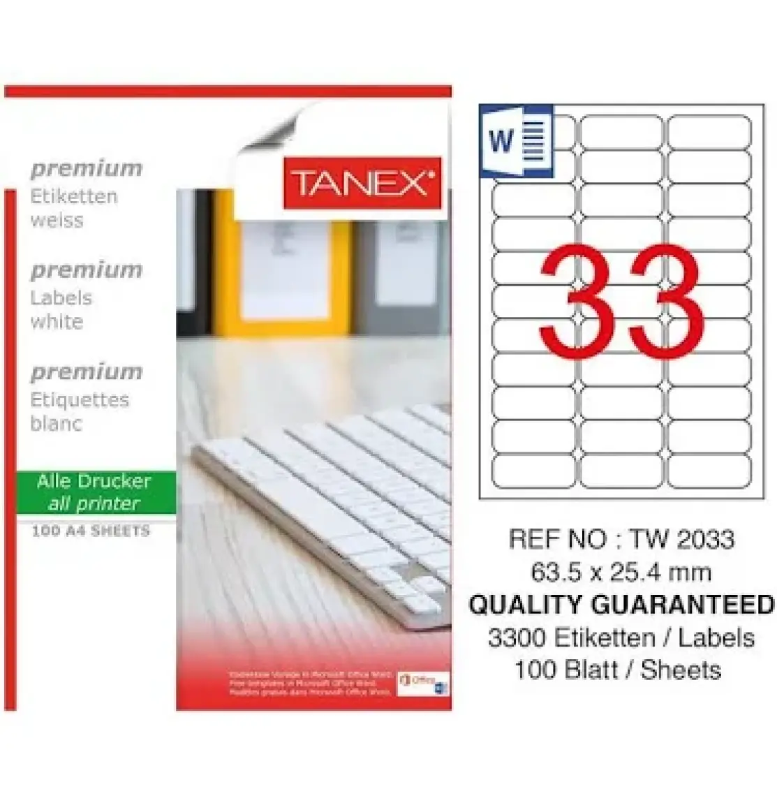 Tanex TW-2033 63,5x25,4 mm Laser Etiket 100 Ad.