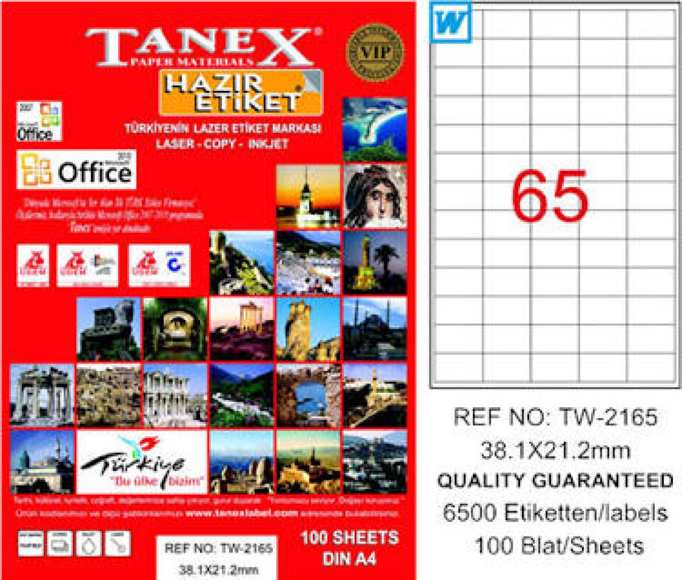 Tanex TW-2165 38,1x21,2 mm Laser Etiket 100 Ad.