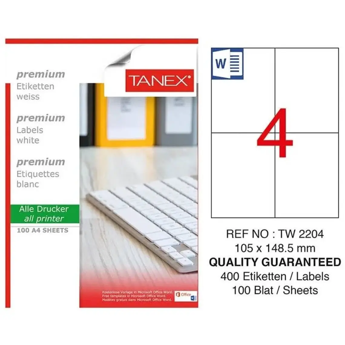 Tanex Lazer Etiket tw-2204 100 A4 Sayfa Laser Etiket 105 x 148 mm Boyutunda 1 A4 Sayfada 4 Etiket