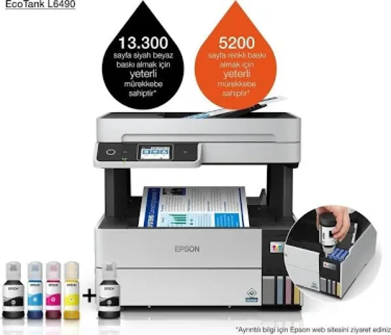 Epson L6490 MEAF Yazıcı-Tarayıcı-Fotokopi-Faks Renkli Mürekkep Tanklı Yazıcı WI-FI Ethernet