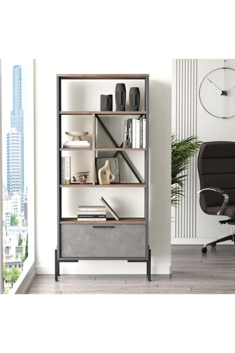 Yurudesign Vista D Ofis Kitaplık Metal Ayaklı Kahve-Beton-Antrasit Vs4-Cga
