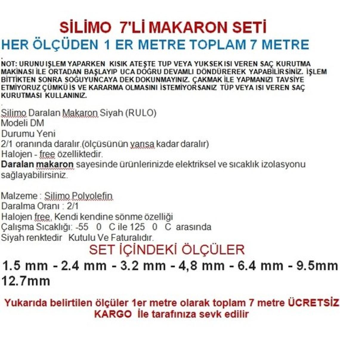 Silimo Daralan Makaron 7'li Set (1'er Metre) Makaron Kablo Isıyla Daralan Makaron Shrink Kablo Tamirat Seti