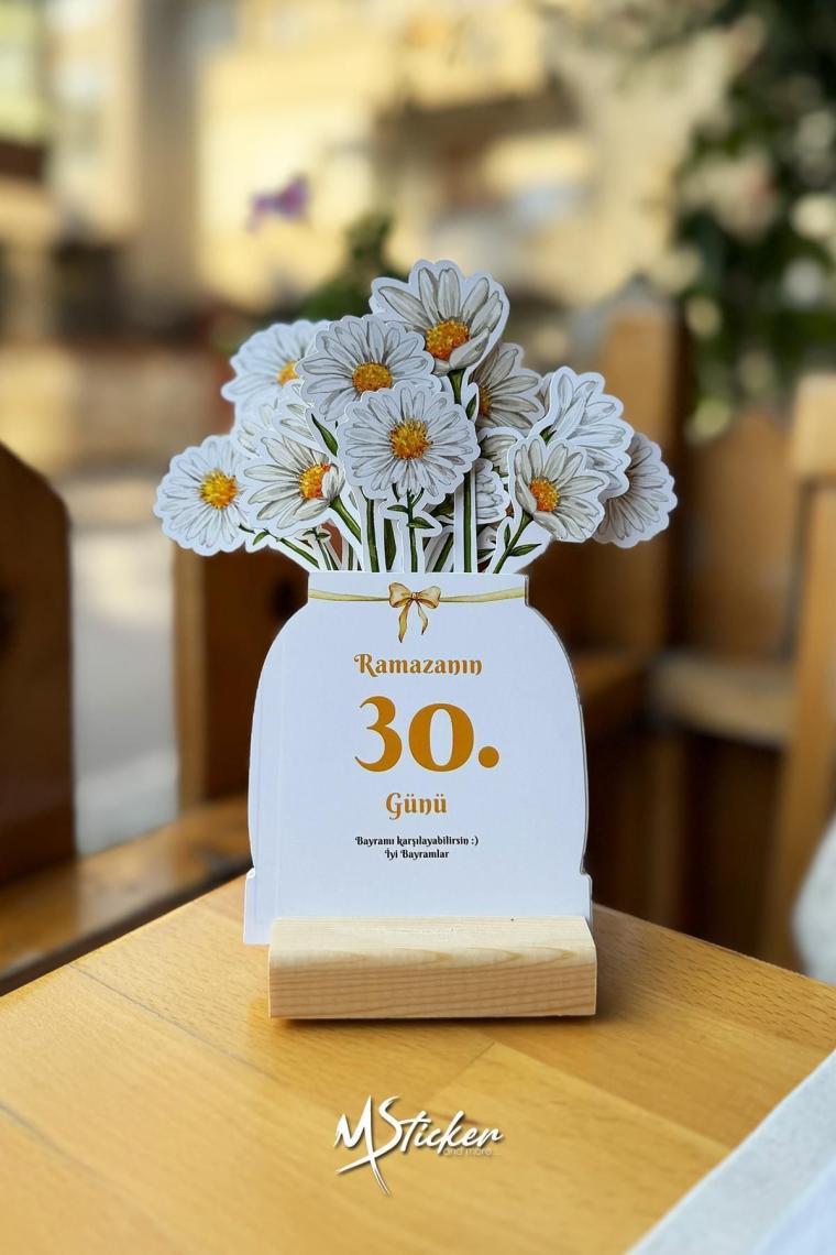 Msticker Ramazan Papatyalı Takvimi - Ramazan Ayı Dualı - Günün Önemi Içerikli Ahşap Tutuculu Takvim , Ramazan Seti