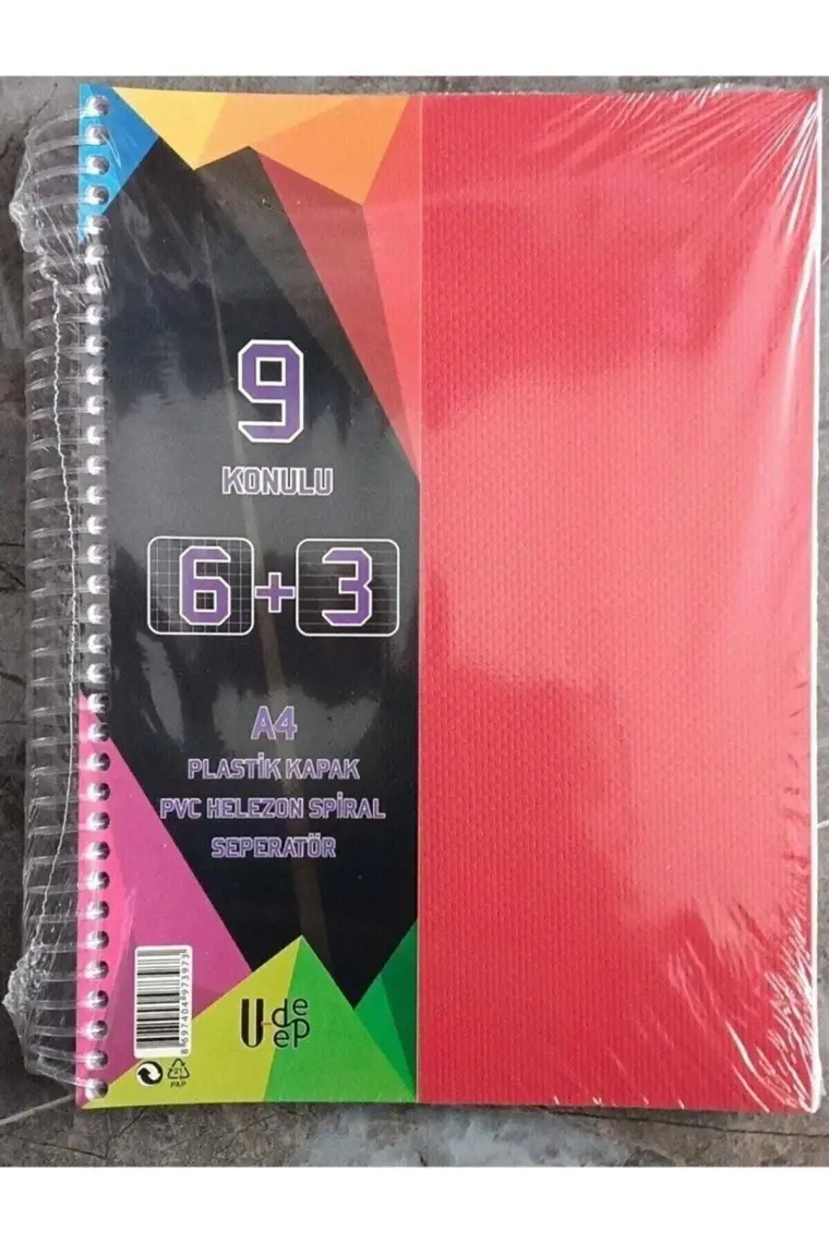 U-Deep A4 Büyük Boy 9 Konulu Ayraçlı Spiralli Plastik Kapaklı Defter 6 Kareli + 3 Çizgili