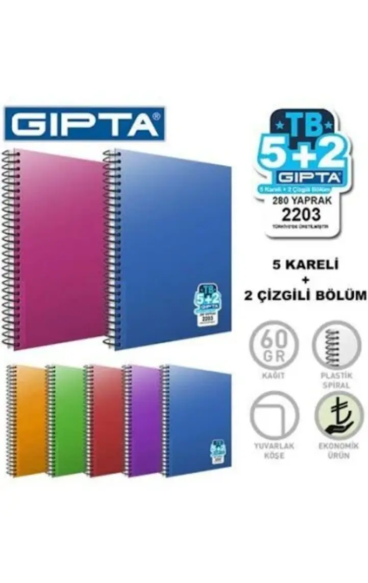Gıpta Tb Spiralli A4-280 Yp.5 Kareli+2 Çizgili Bölüm