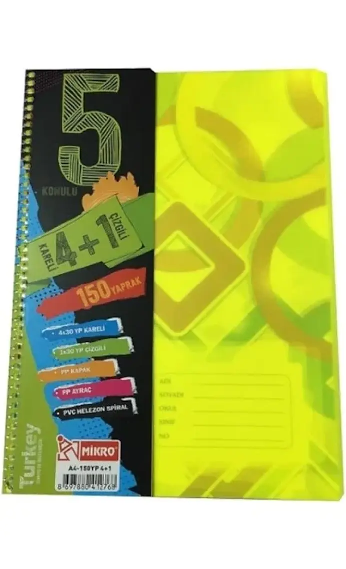 Mikro A4-150 Yaprak Ekonomik 4+1 Ayraçlı Konulu Defter Helezon Spiral