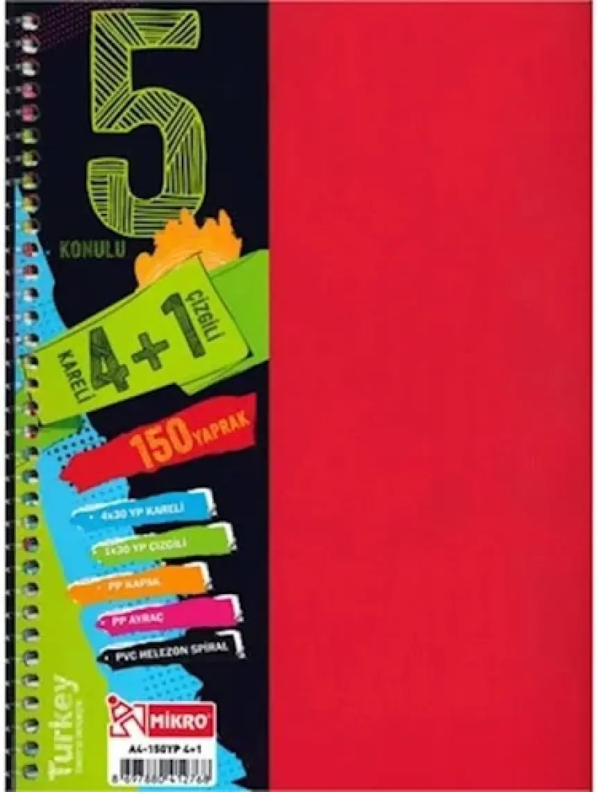 Mikro A4-150 Yaprak Ekonomik 4+1 Ayraçlı Konulu Defter Helezon Spiral