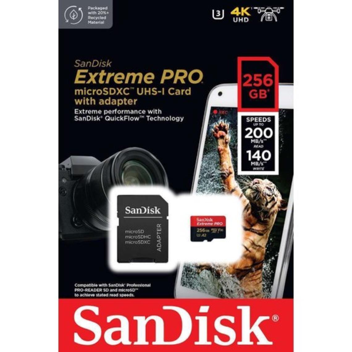 SanDisk Extreme Pro 256 gb 200/140 mb/s microSDXC UHS-I A2 V30 Adaptörlü Hafıza Kartı SDSQXCD-256G-GN6MA