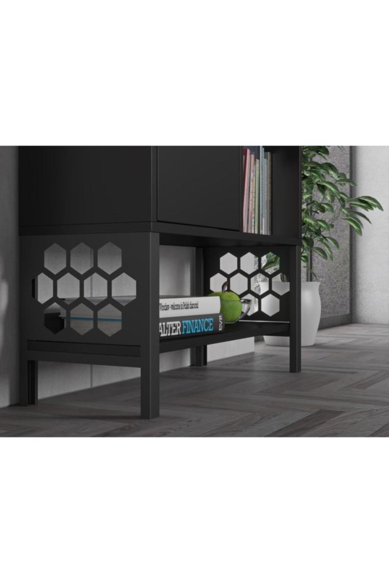 Wood'n Love Lara Premium Desenli Metal Ayaklı Dolaplı Vitrin - Konsol - Siyah / Siyah