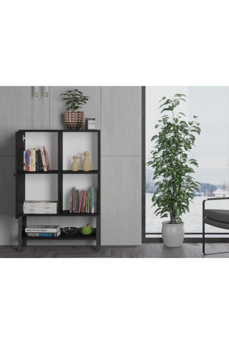 Wood'n Love Lara Premium Desenli Metal Ayaklı Dolaplı Vitrin - Konsol - Siyah / Siyah