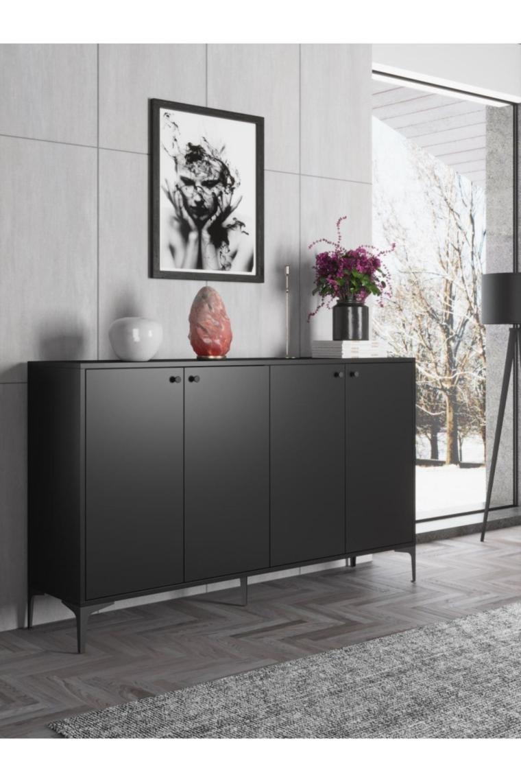 Wood'n Love Hestia 4 Kapaklı Metal Ayaklı 160 cm Çok Amaçlı Dolap Konsol - Atlantik Çam / Siyah