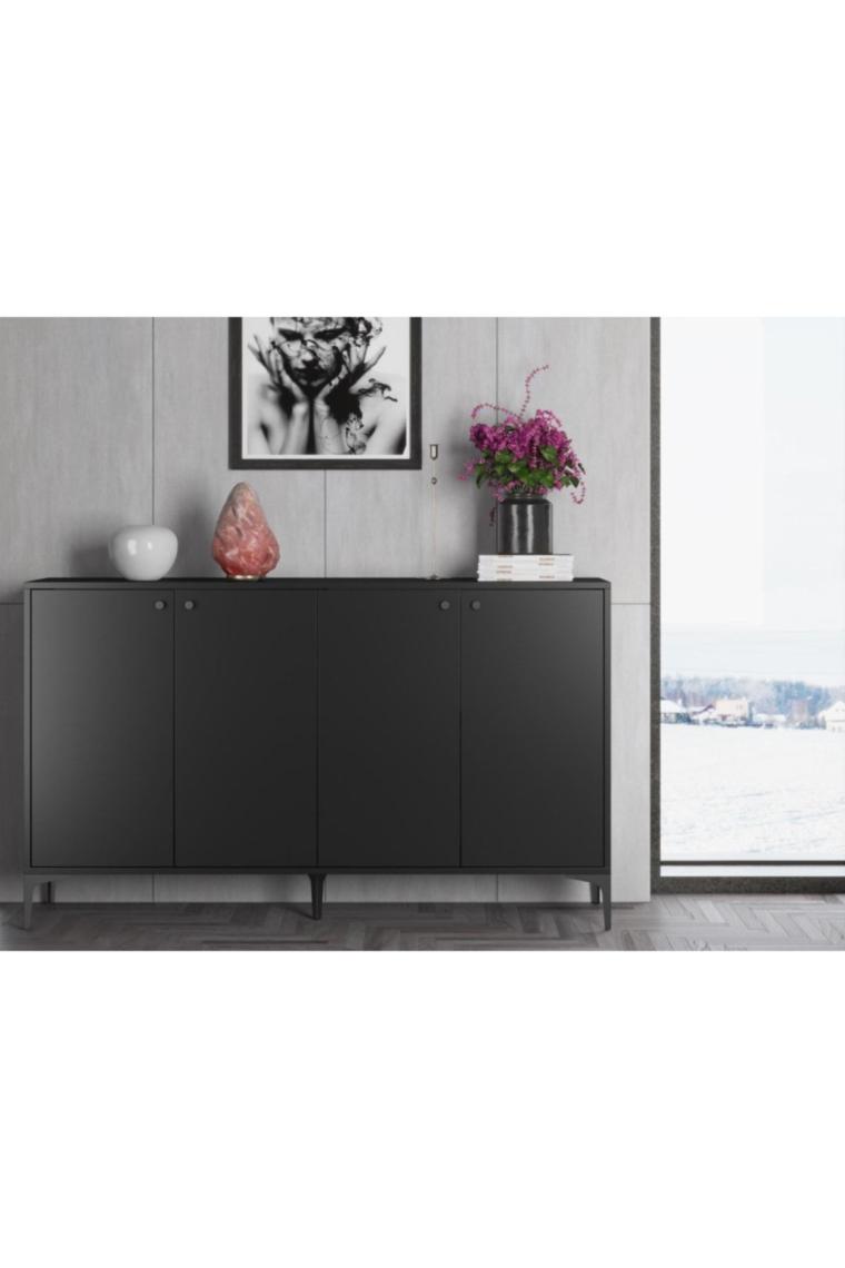 Wood'n Love Hestia 4 Kapaklı Metal Ayaklı 160 cm Çok Amaçlı Dolap Konsol - Atlantik Çam / Siyah