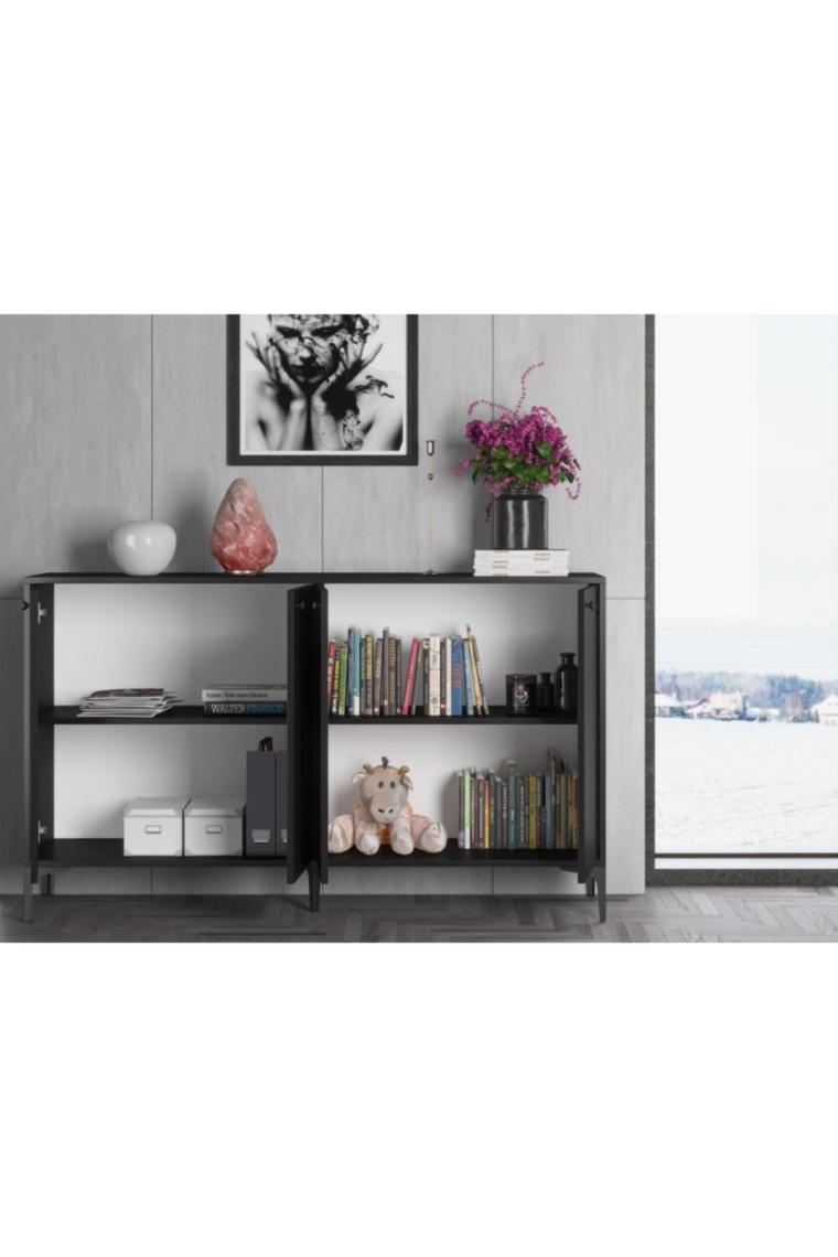 Wood'n Love Hestia 4 Kapaklı Metal Ayaklı 160 cm Çok Amaçlı Dolap Konsol - Atlantik Çam / Siyah