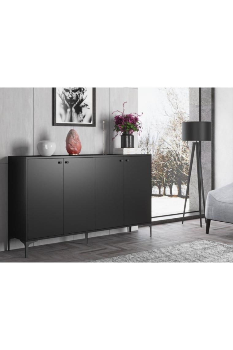 Wood'n Love Hestia 4 Kapaklı Metal Ayaklı 160 cm Çok Amaçlı Dolap Konsol - Atlantik Çam / Siyah