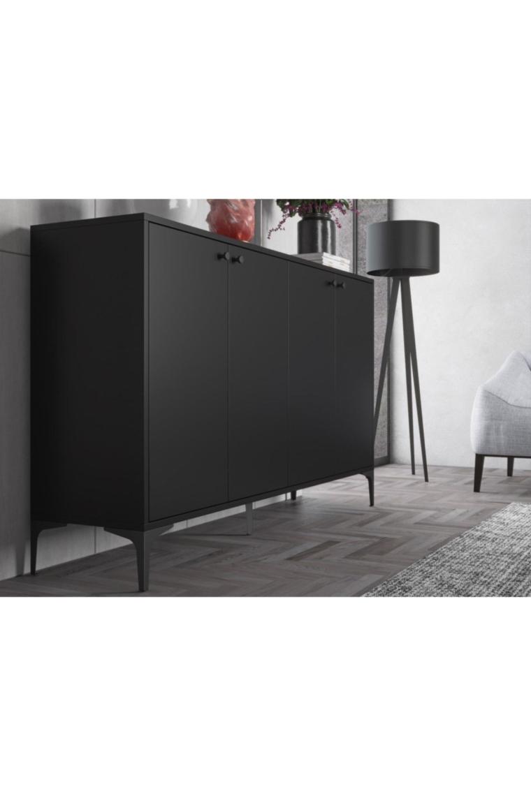 Wood'n Love Hestia 4 Kapaklı Metal Ayaklı 160 cm Çok Amaçlı Dolap Konsol - Atlantik Çam / Siyah