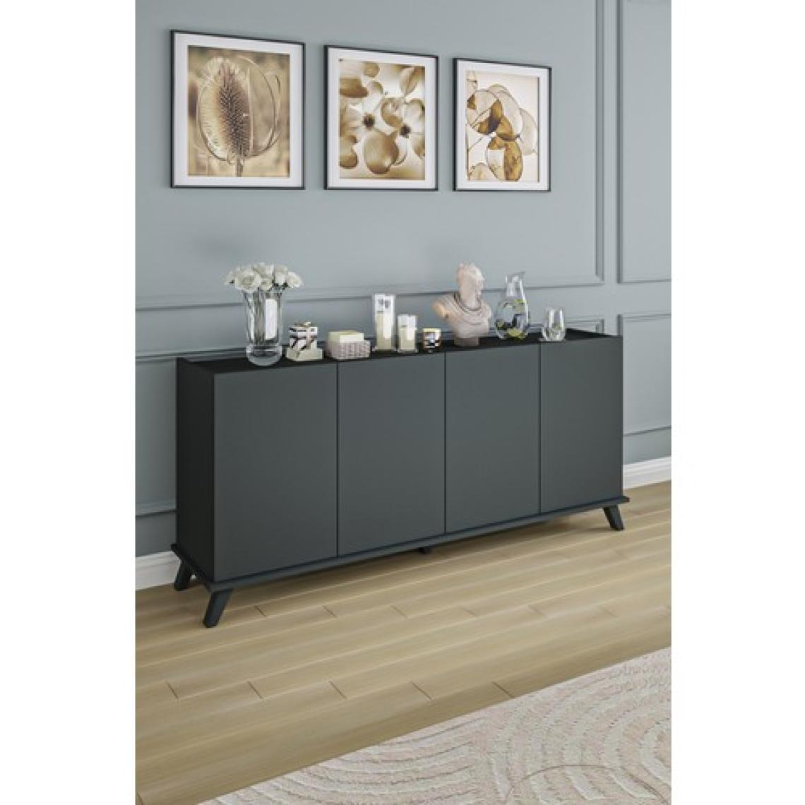 Aeka AE-2056 Akel Antrasit 4 Kapaklı Geniş Konsol 180  cm  Ayaklı,raflı, Yemek Odası, Tv Sehbası, Modern,