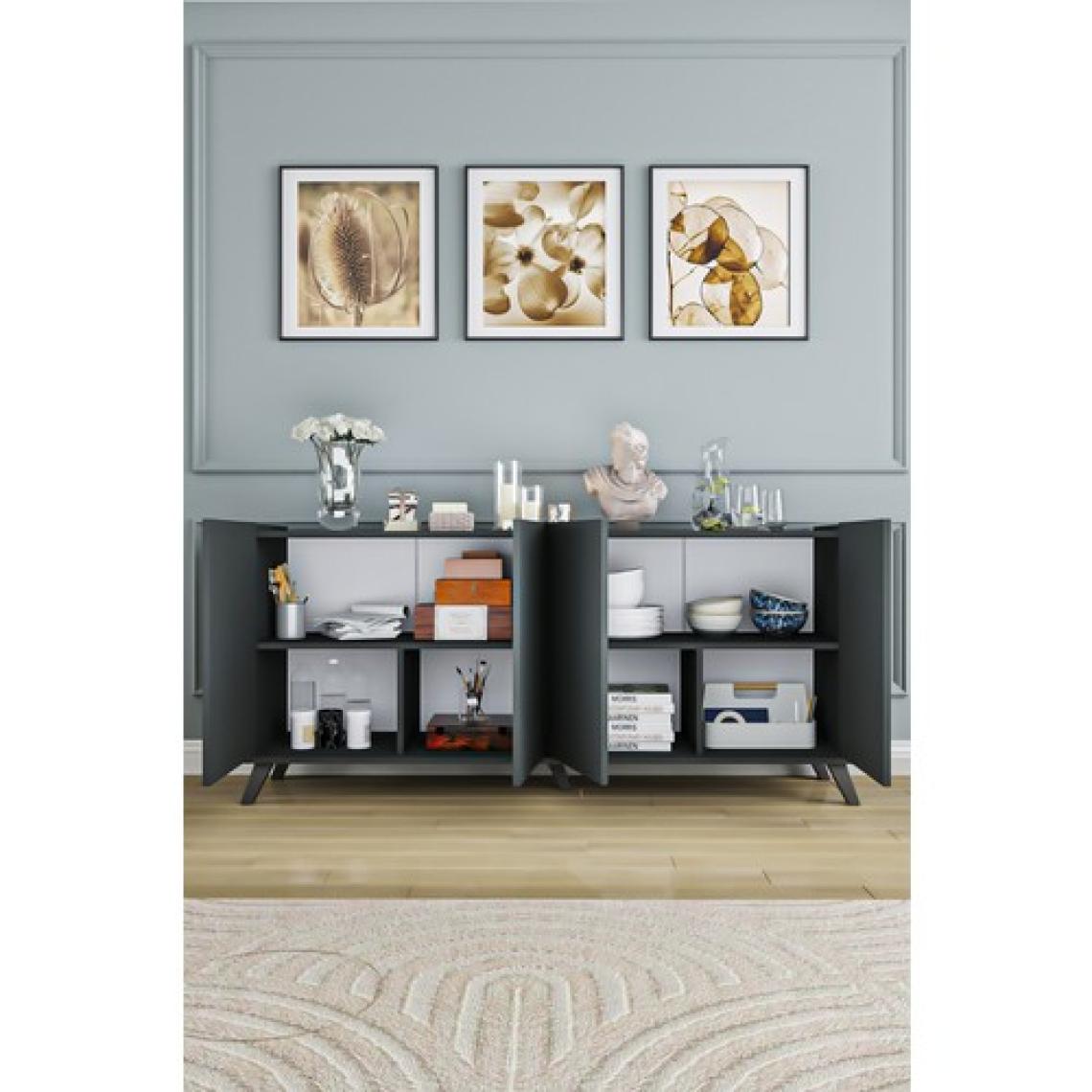 Aeka AE-2056 Akel Antrasit 4 Kapaklı Geniş Konsol 180  cm  Ayaklı,raflı, Yemek Odası, Tv Sehbası, Modern,