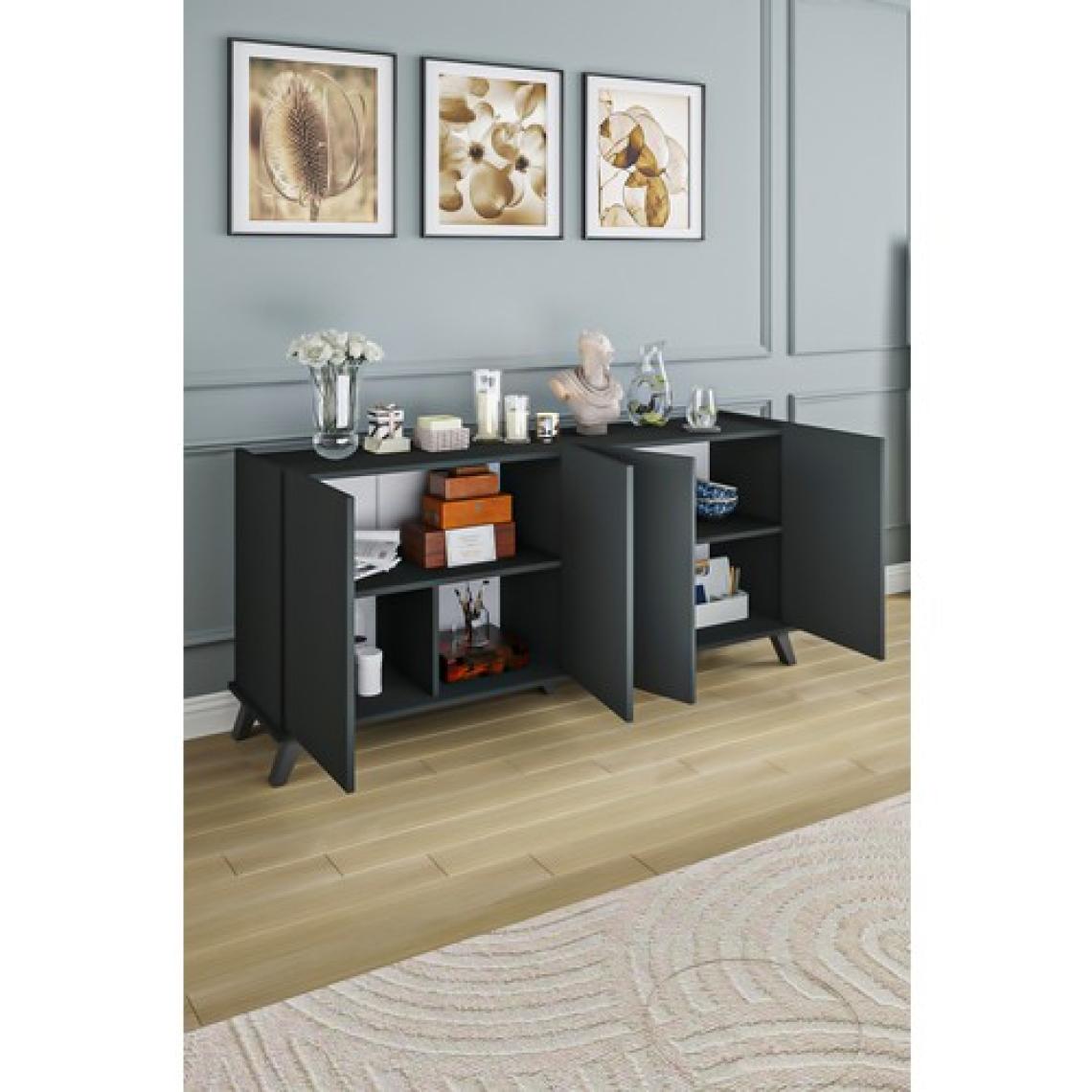 Aeka AE-2056 Akel Antrasit 4 Kapaklı Geniş Konsol 180  cm  Ayaklı,raflı, Yemek Odası, Tv Sehbası, Modern,
